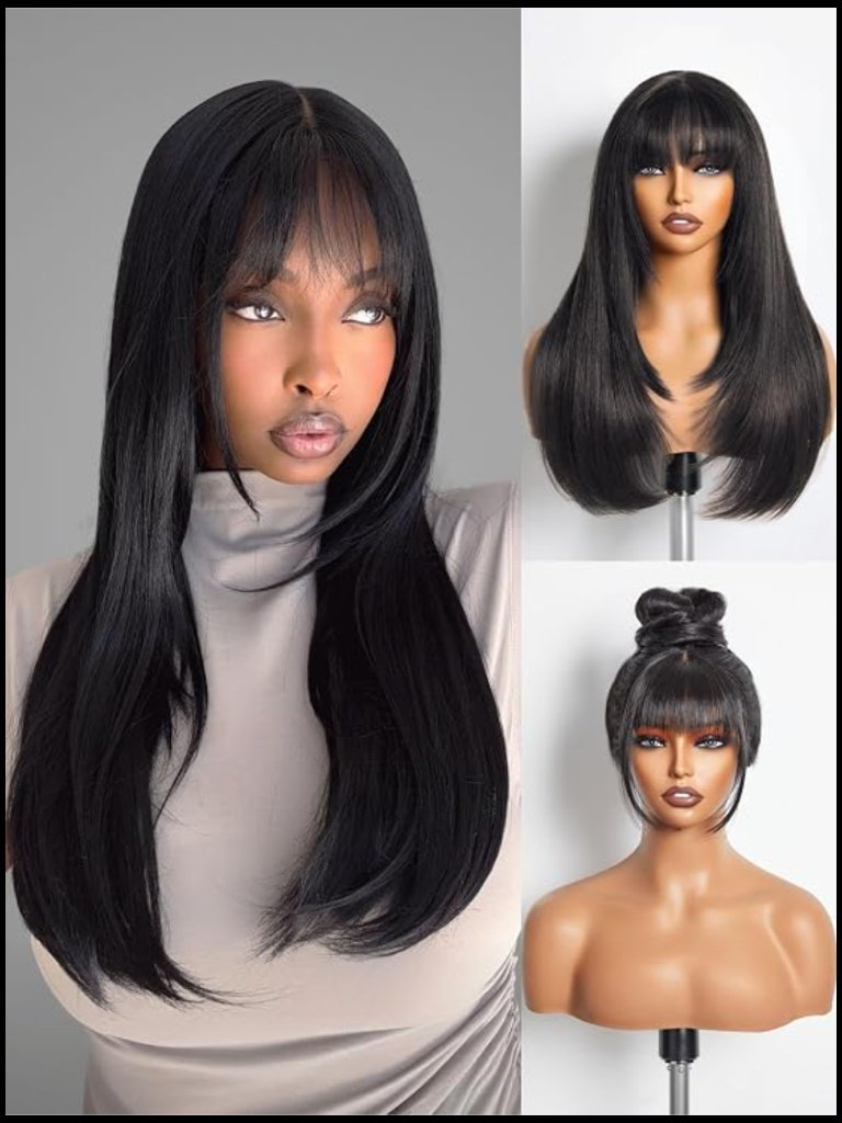 Layered Wig With Bangs Straight 22 Inch Prem Plucked Hairline Synthetic Fiber